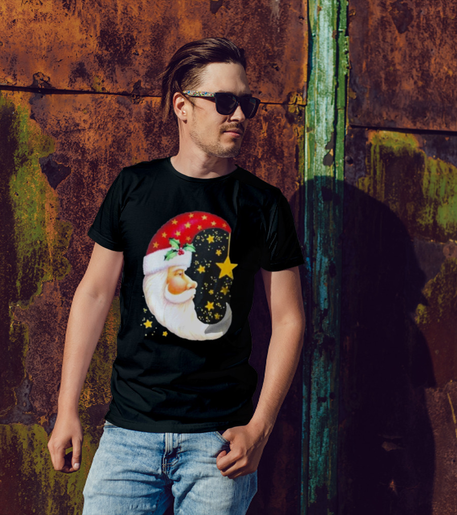 Christmas Santa Crescent Moon Starry Hat Print Crew Neck T-Shirt