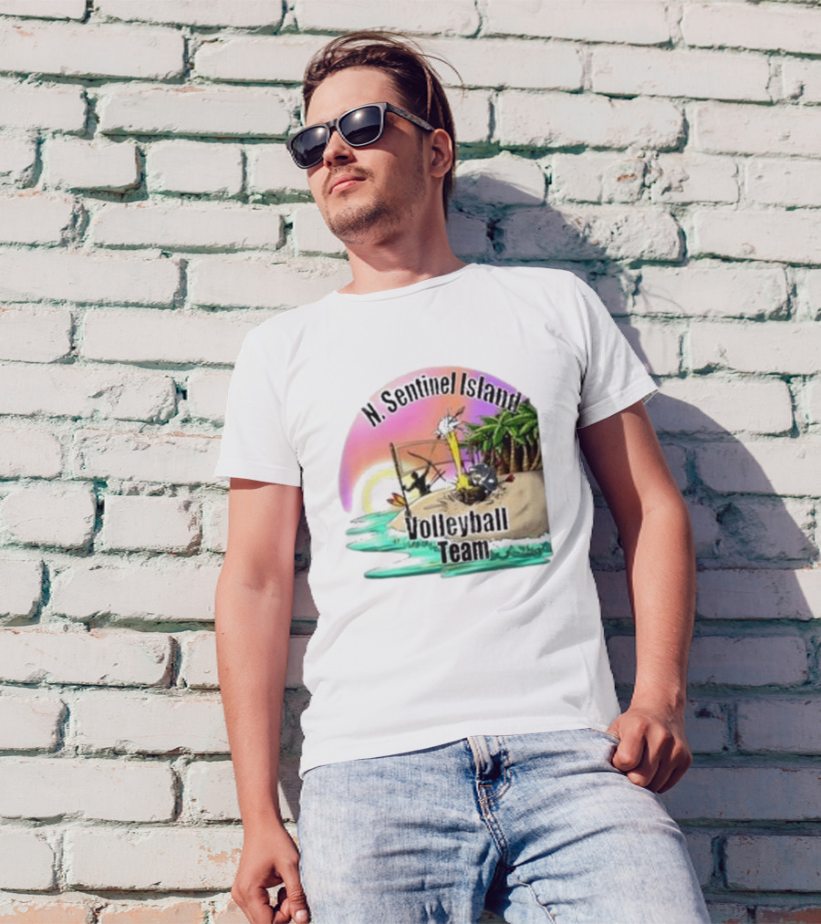 N. Sentinel Island Volleyball Team Sunset Beach Scene With Palms T-Shirt