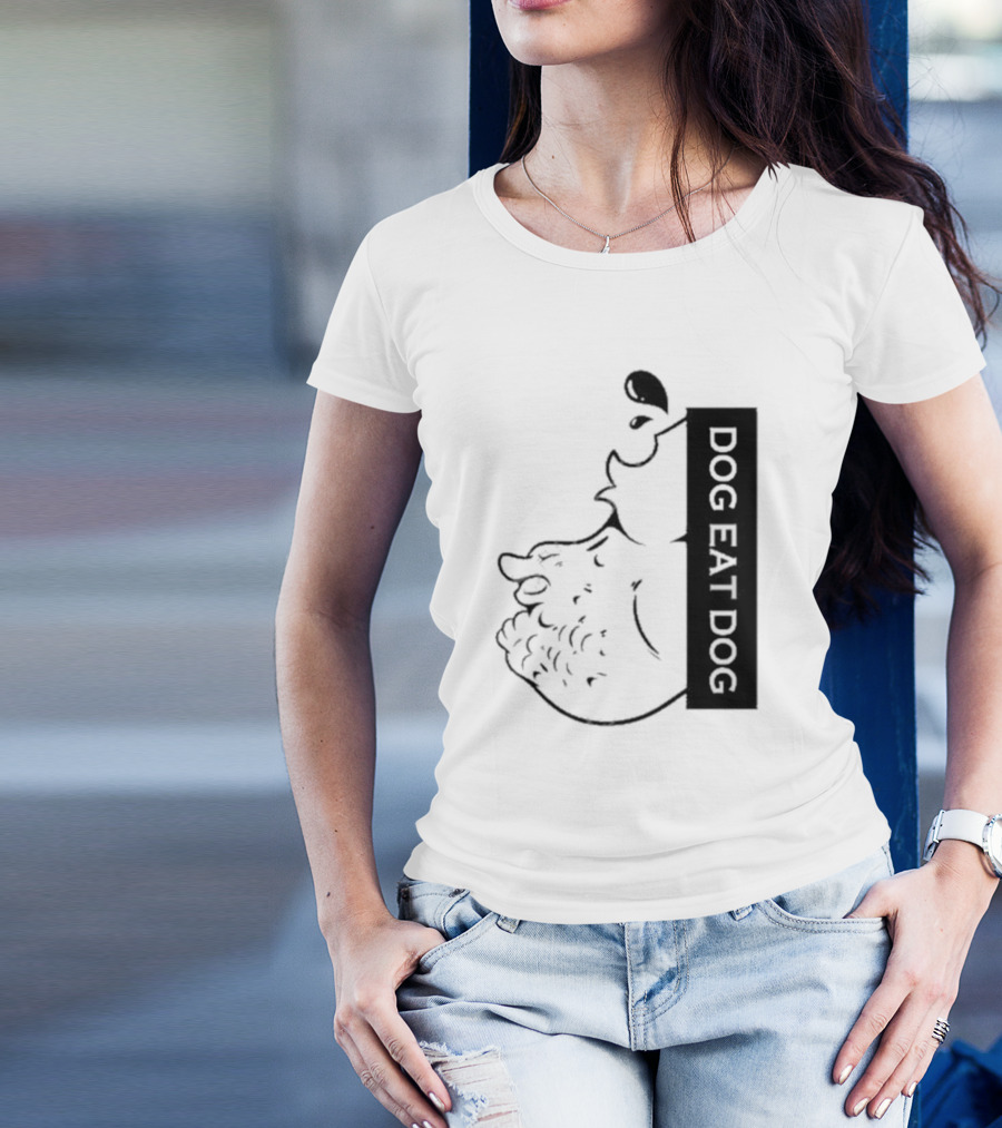 Slosh Dog Eat Dog Vertical Text Graphic With Cartoon Style Dog Outline T-Shirt