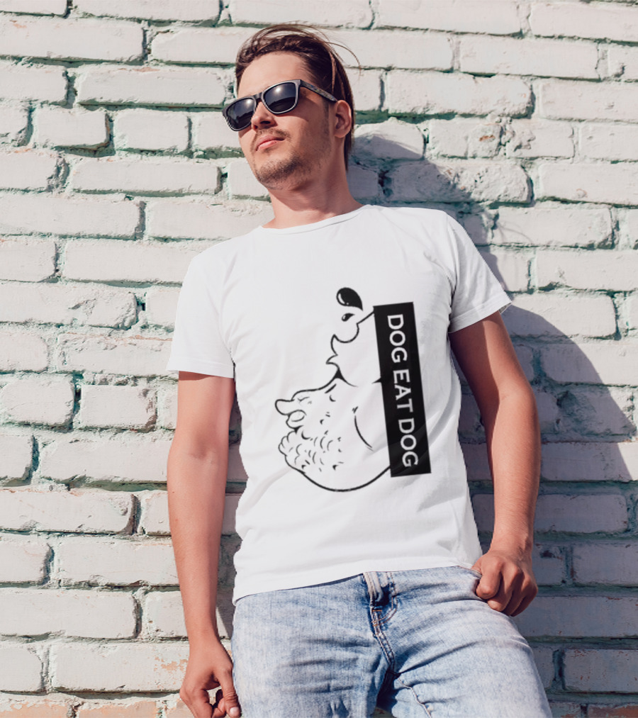 Slosh Dog Eat Dog Vertical Text Graphic With Cartoon Style Dog Outline T-Shirt