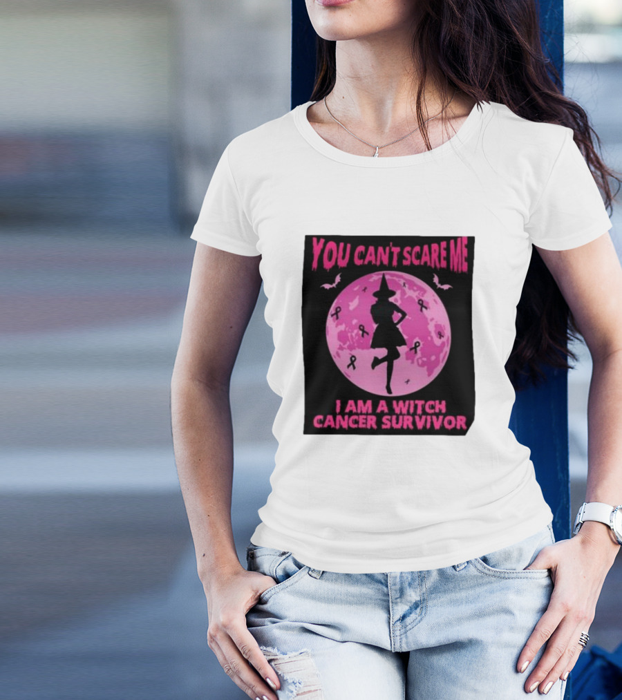 You Can’t Scare Me I Am A Witch Cancer Survivor Pink Moon Bats Ribbons T-Shirt