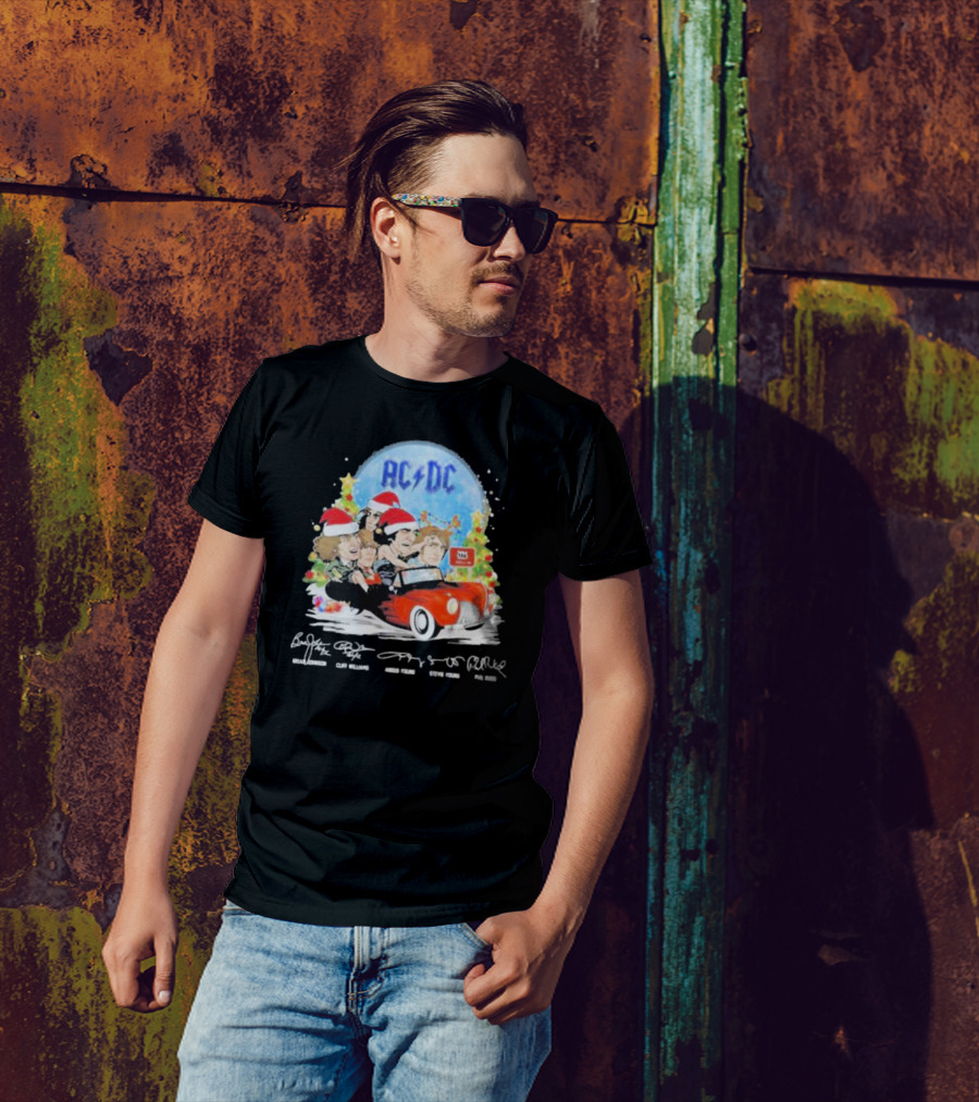 ACDC Band Members In Santa Hats Merry Christmas Signatures On Car With Highway To Hell Sign T-Shirt