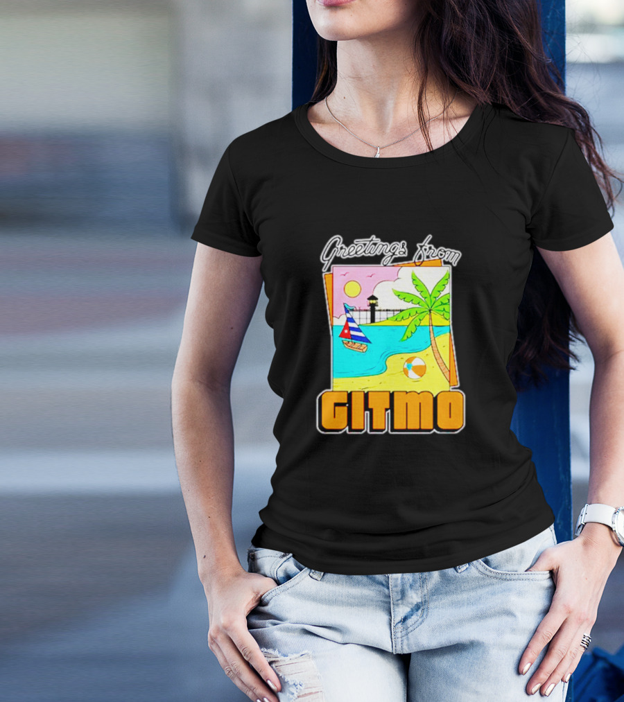 Greetings From Gitmo Beach Paradise With Sailboat And Palm Tree T-Shirt
