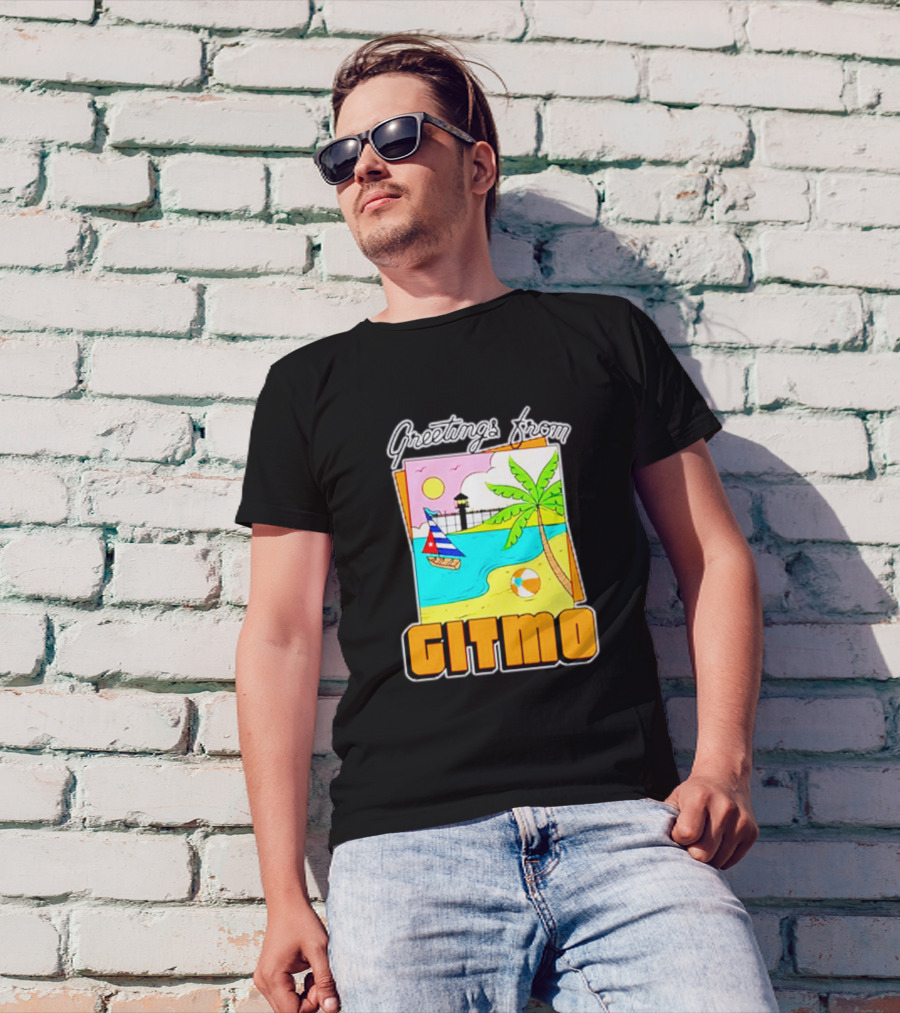 Greetings From Gitmo Beach Paradise With Sailboat And Palm Tree T-Shirt