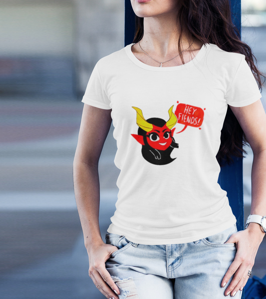 Ginnydi Hey Fiends Demon Cartoon Character With Red Face Yellow Horns And Black Hair T-Shirt