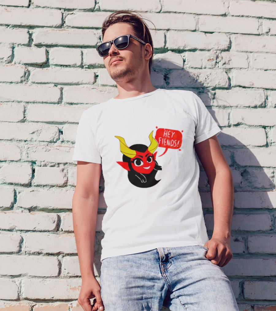 Ginnydi Hey Fiends Demon Cartoon Character With Red Face Yellow Horns And Black Hair T-Shirt
