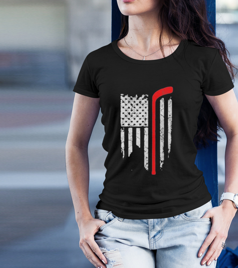 Hockey Stick American Flag Stars Stripes T-Shirt