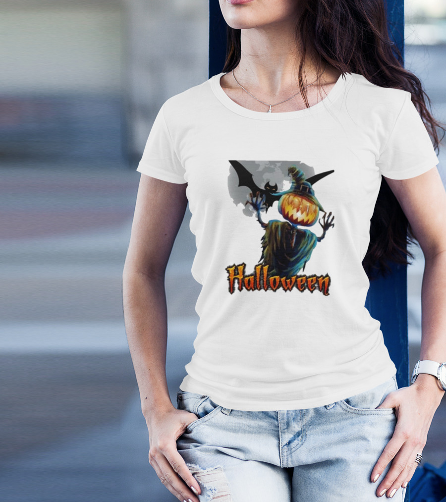 Halloween Horror Witch Straw Man Pumpkins Bat Scary Night T-Shirt