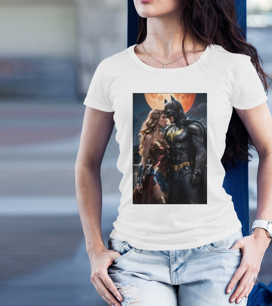 Batman And Wonder Woman Under Moonlight Romance Scene T-Shirt