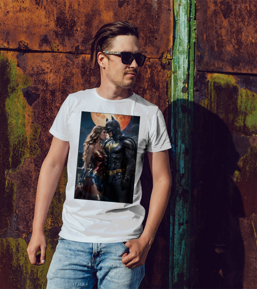 Batman And Wonder Woman Under Moonlight Romance Scene T-Shirt