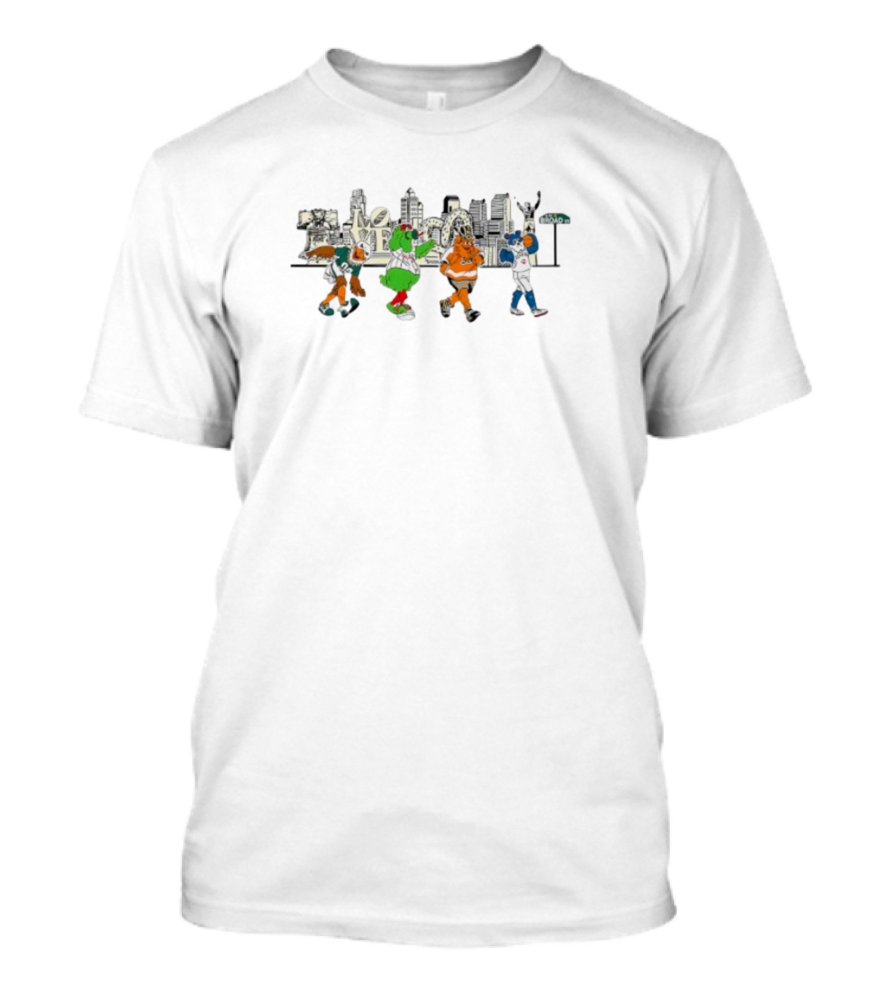 Philadelphia Sports Mascots Walking Across Skyline With Brotherly Love T-Shirt