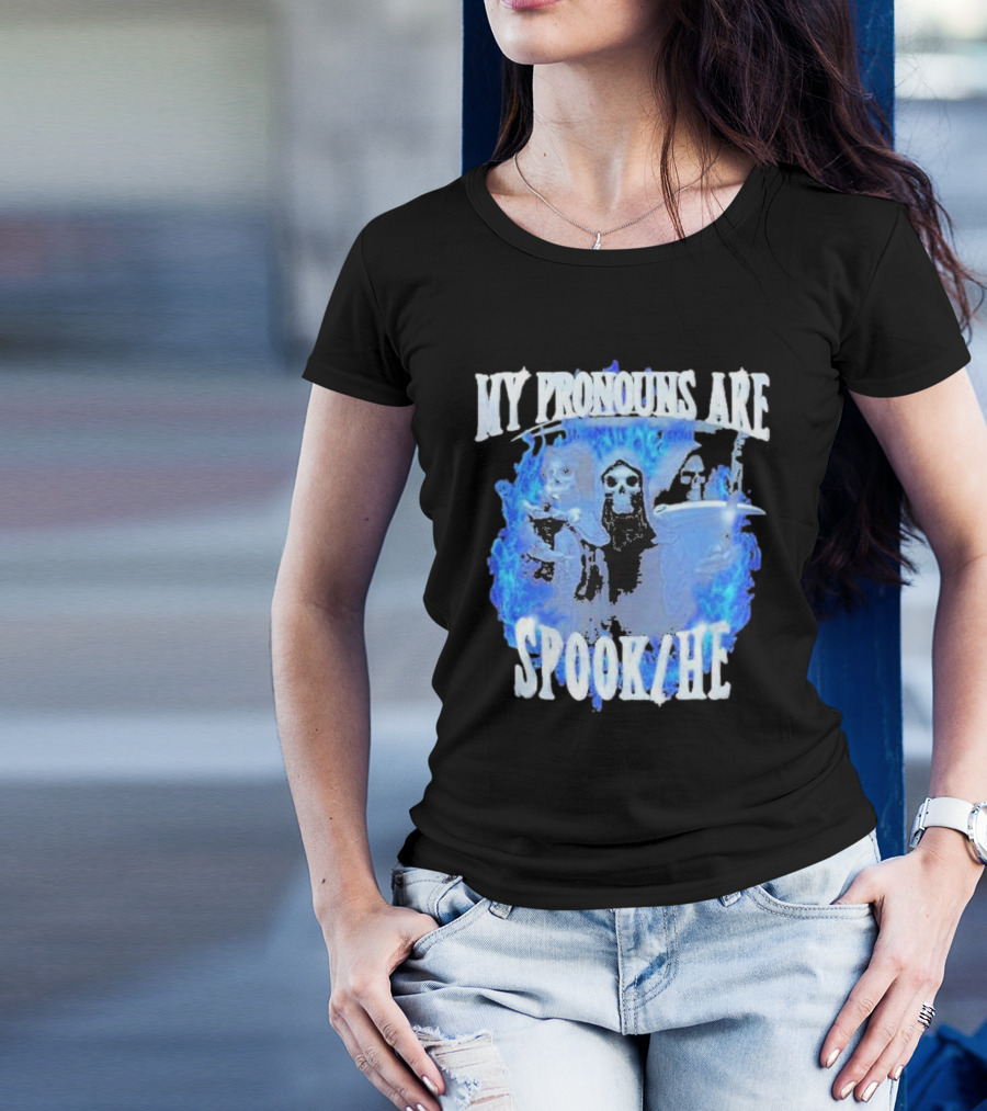 My Pronouns Are Spook He Blue Flames Grim Reaper Trio T-Shirt