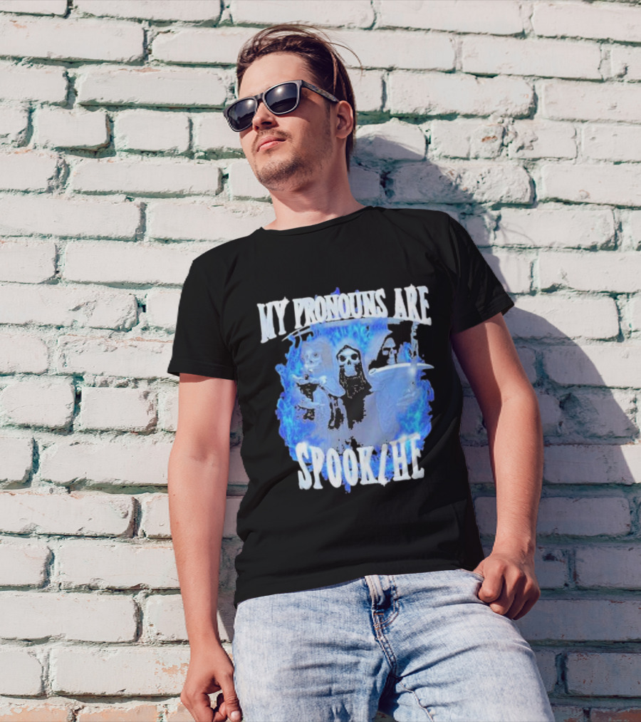 My Pronouns Are Spook He Blue Flames Grim Reaper Trio T-Shirt
