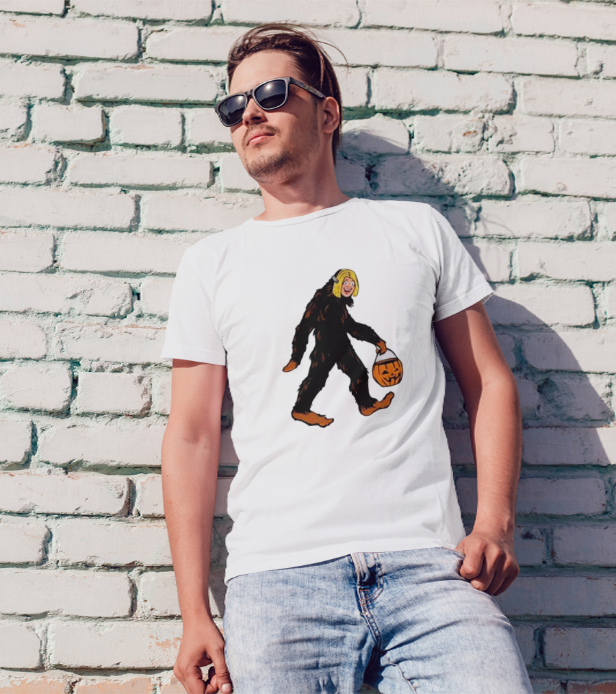 Mystical Halloween Sasquatch Holding Pumpkin Bucket Spooky Costume T-Shirt