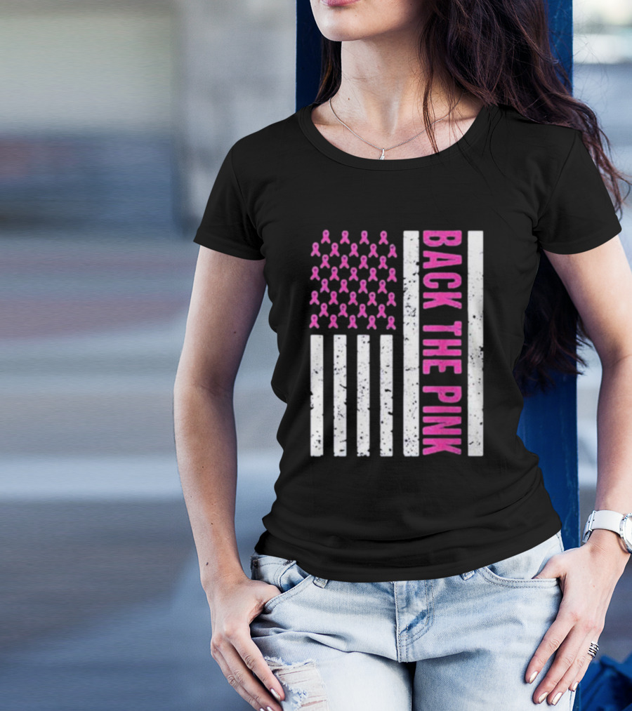 Back The Pink Breast Cancer Awareness American Flag Ribbons T-Shirt