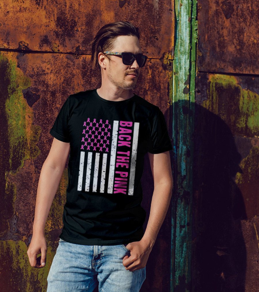Back The Pink Breast Cancer Awareness American Flag Ribbons T-Shirt