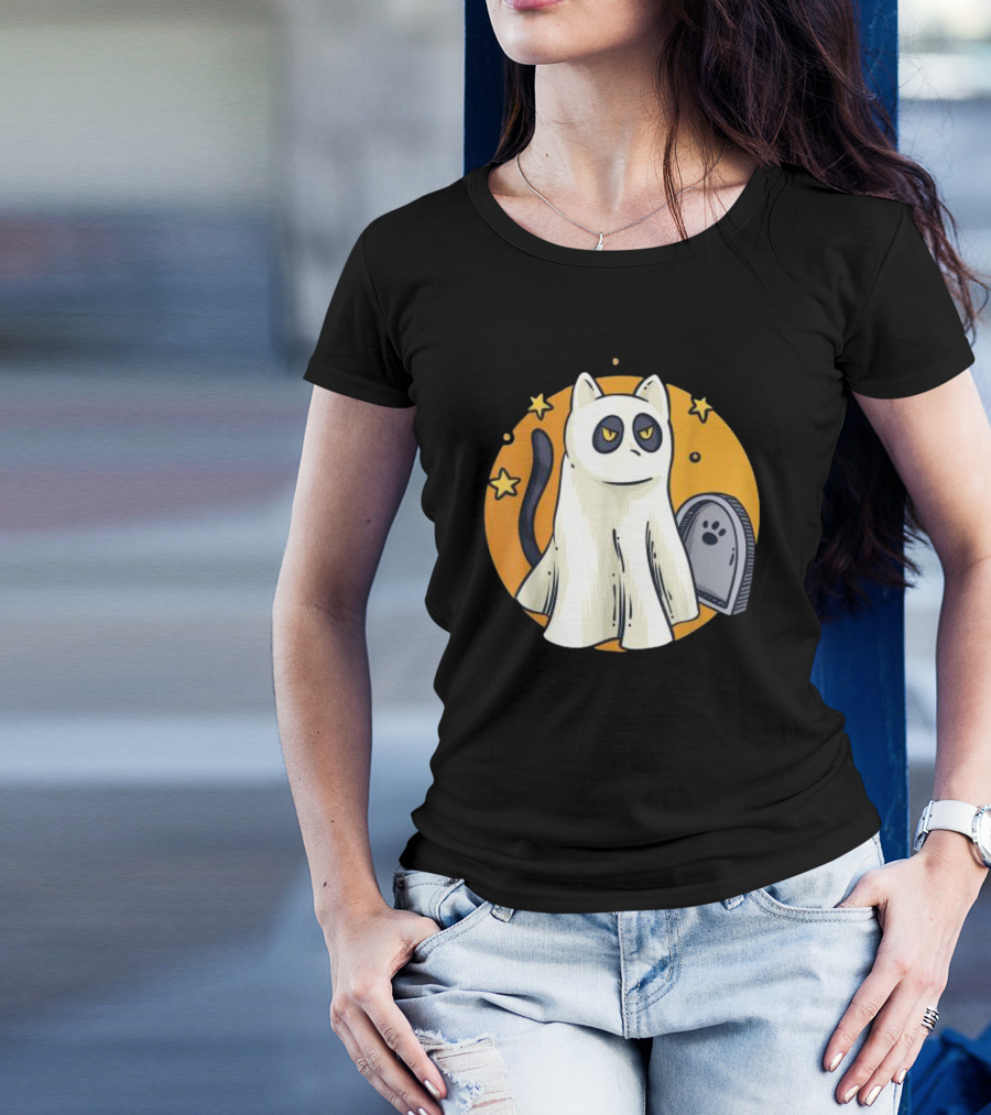 Cute Ghost Cat Halloween Outfit Black Cat With Stars And Tombstone T-Shirt