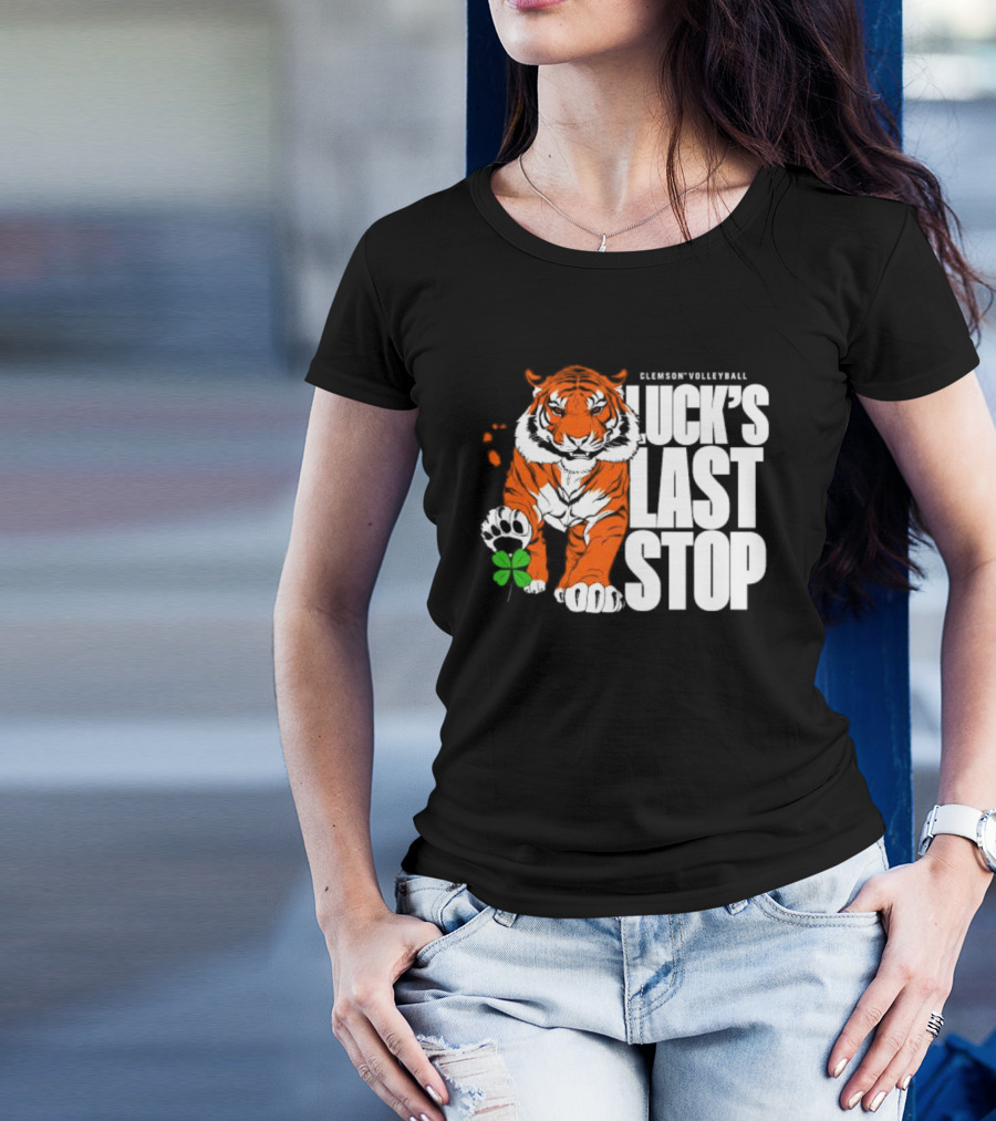 Clemson Volleyball Tiger Luck's Last Stop Tiger Paw With Clover T-Shirt