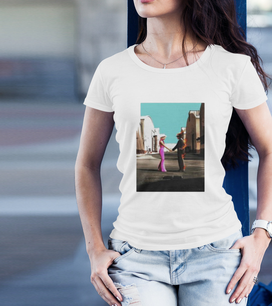 Barbenheimer Picture Woman In Pink And Flaming Figure In Studio Setting T-Shirt