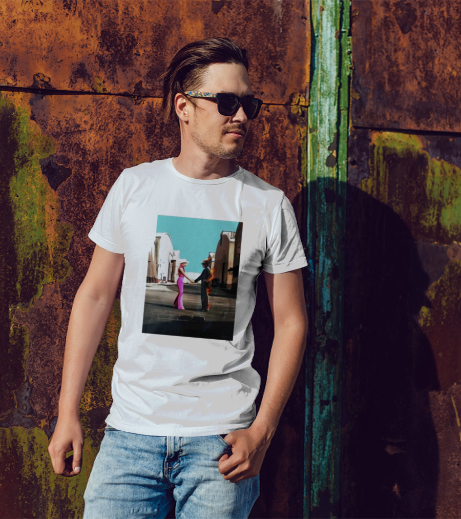 Barbenheimer Picture Woman In Pink And Flaming Figure In Studio Setting T-Shirt