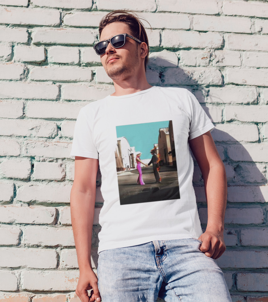 Barbenheimer Picture Woman In Pink And Flaming Figure In Studio Setting T-Shirt