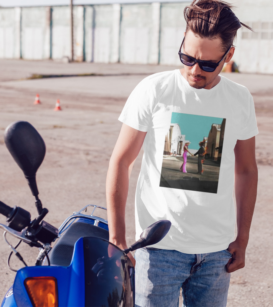 Barbenheimer Picture Woman In Pink And Flaming Figure In Studio Setting T-Shirt