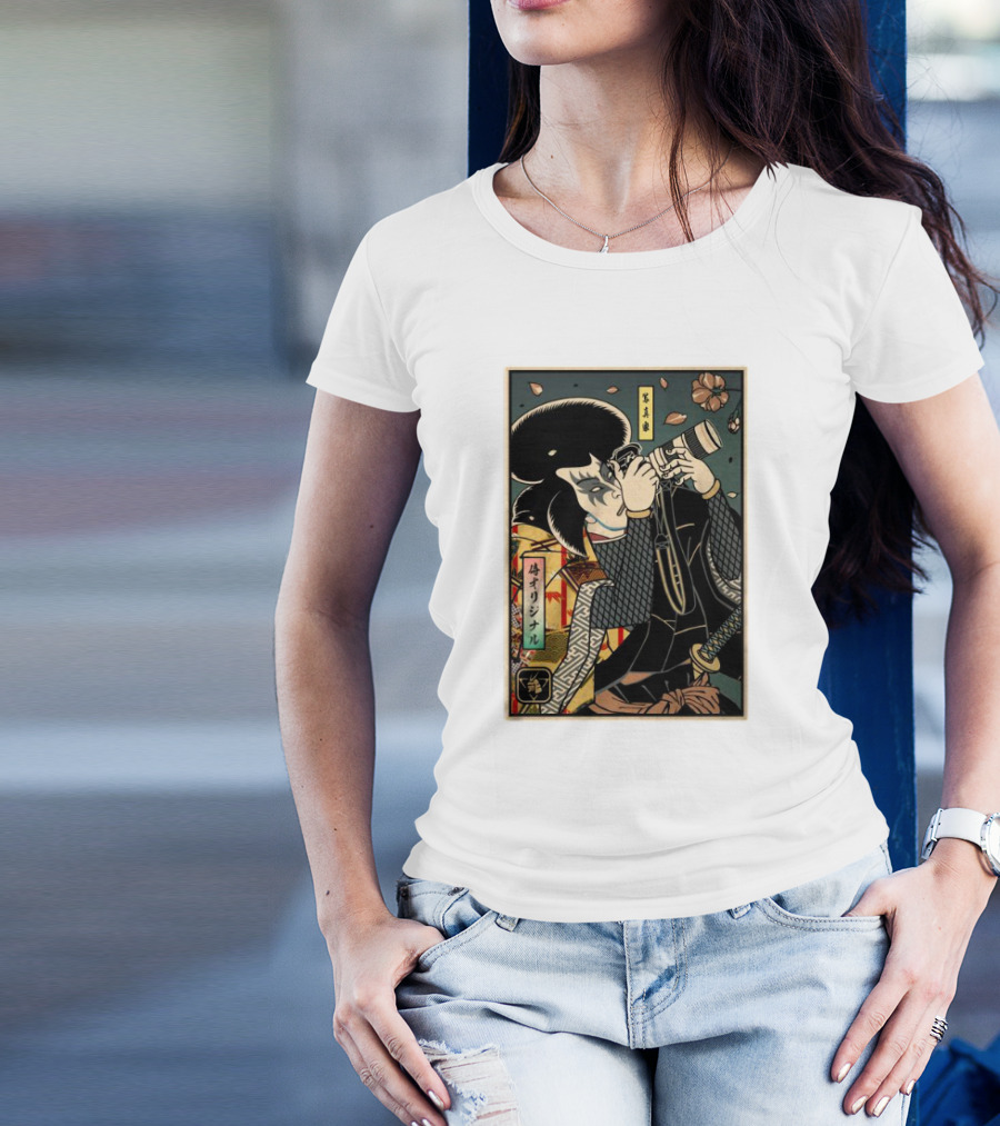 Samurai Ukiyo-e Style Photographer With Katana And Cherry Blossoms T-Shirt
