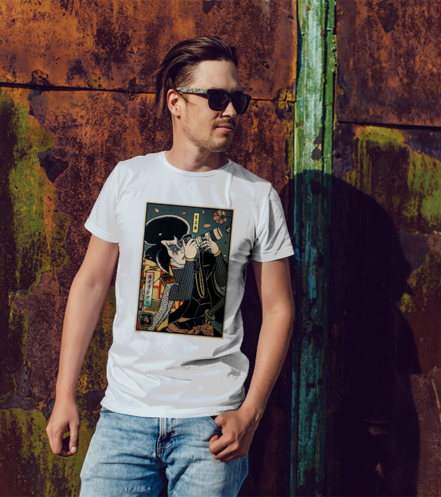 Samurai Ukiyo-e Style Photographer With Katana And Cherry Blossoms T-Shirt