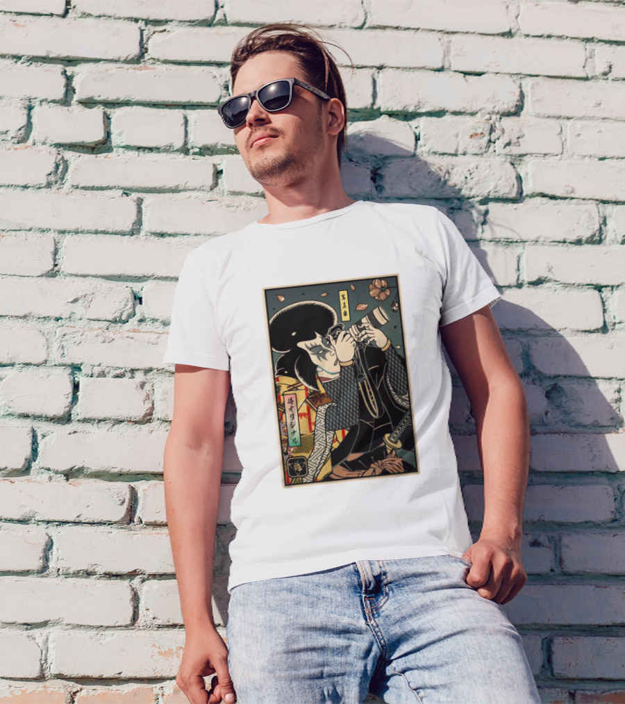 Samurai Ukiyo-e Style Photographer With Katana And Cherry Blossoms T-Shirt