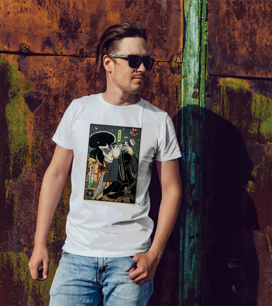 Samurai Photographer Ukiyo-e Style With Vintage Floral Elements T-Shirt