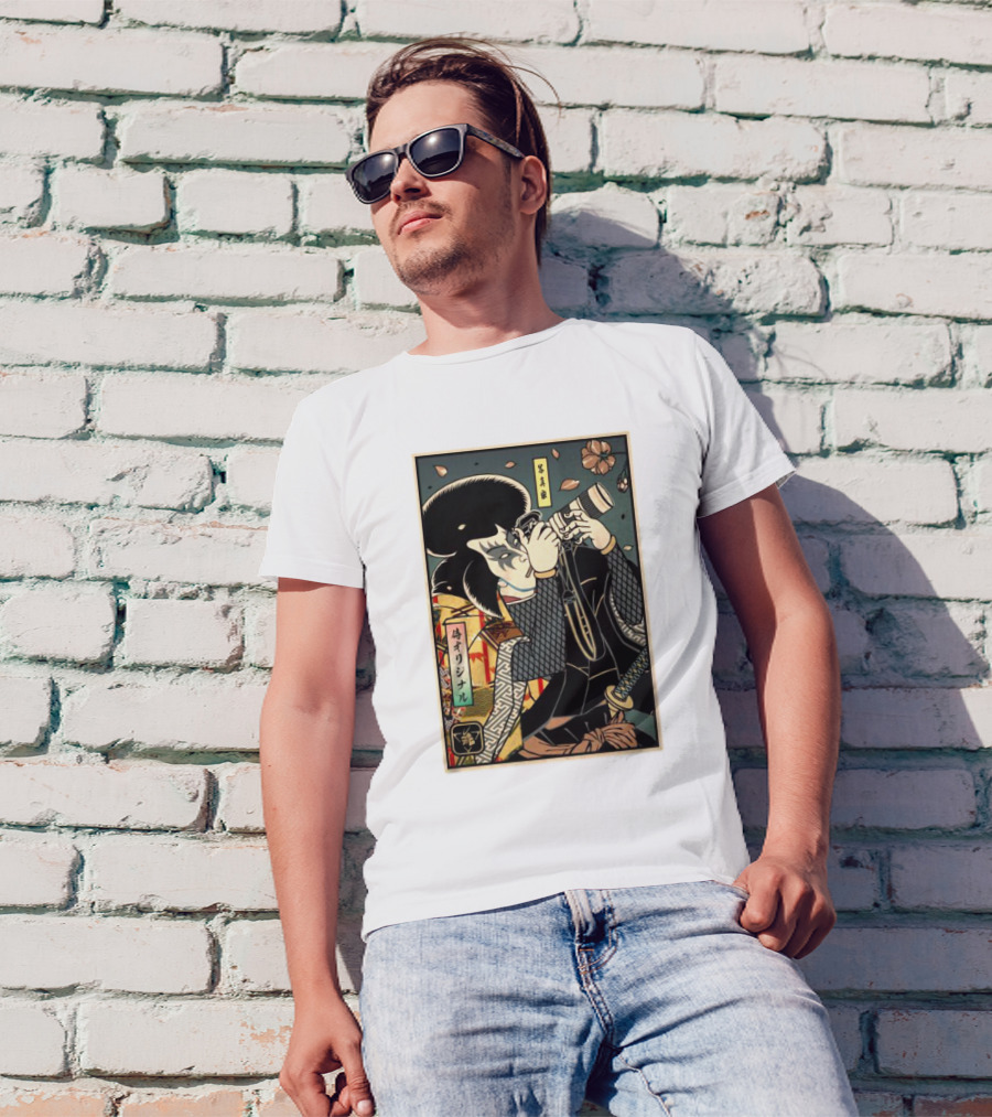 Samurai Photographer Ukiyo-e Style With Vintage Floral Elements T-Shirt