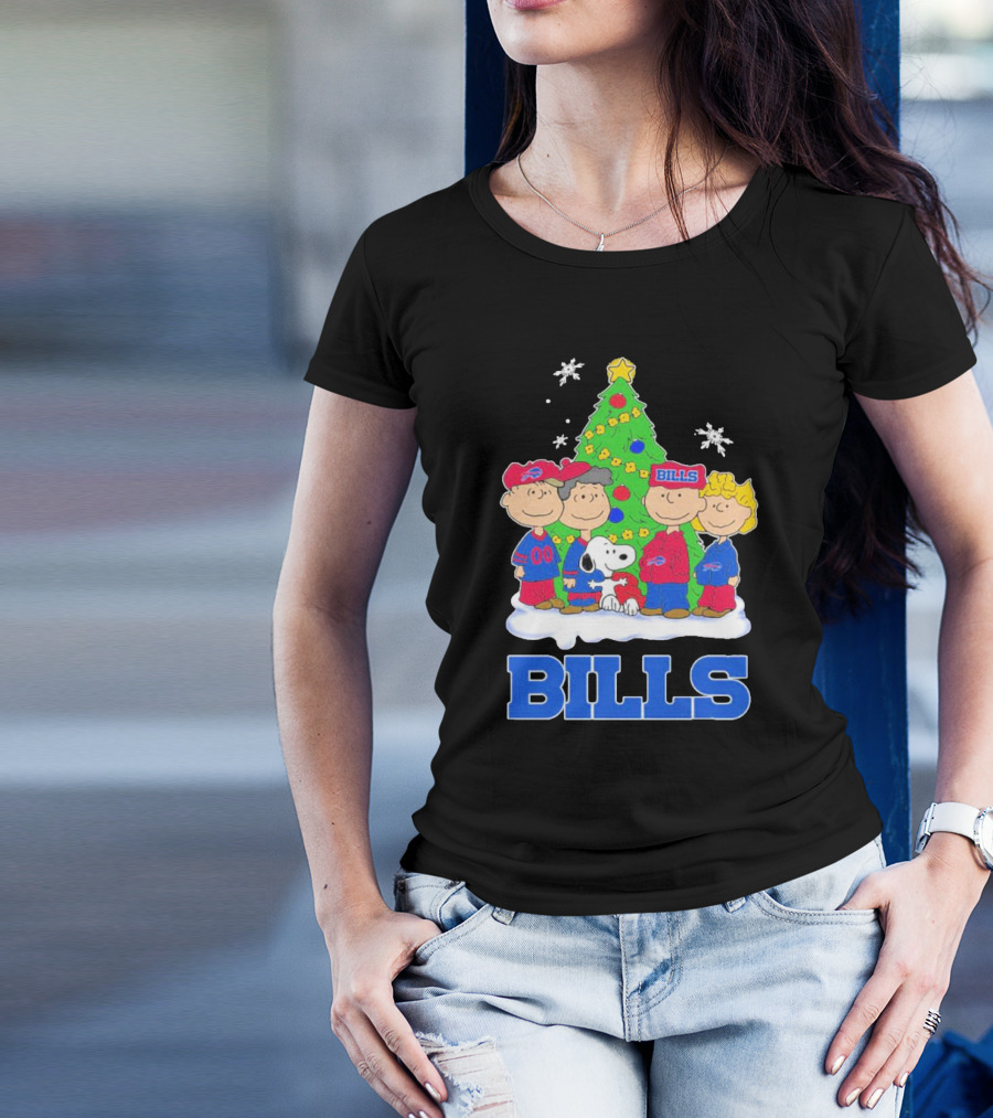 Peanuts Characters With Buffalo Bills Christmas Tree And Snowflakes T-Shirt