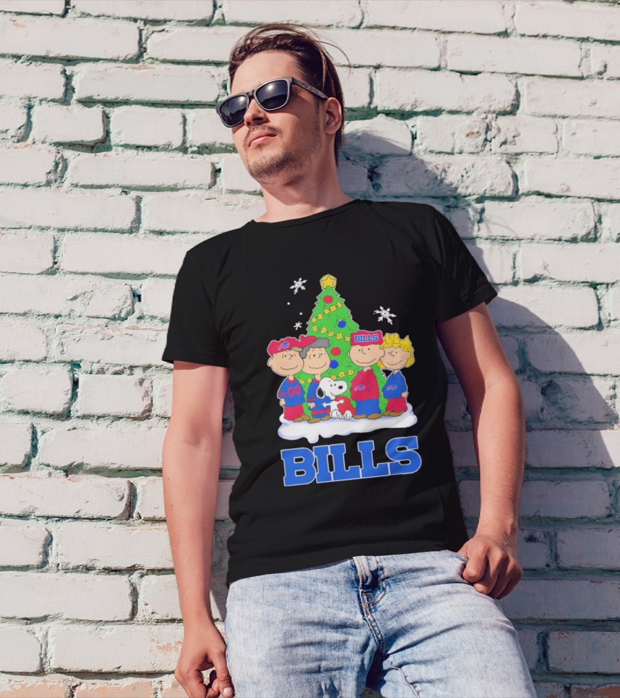 Peanuts Characters With Buffalo Bills Christmas Tree And Snowflakes T-Shirt