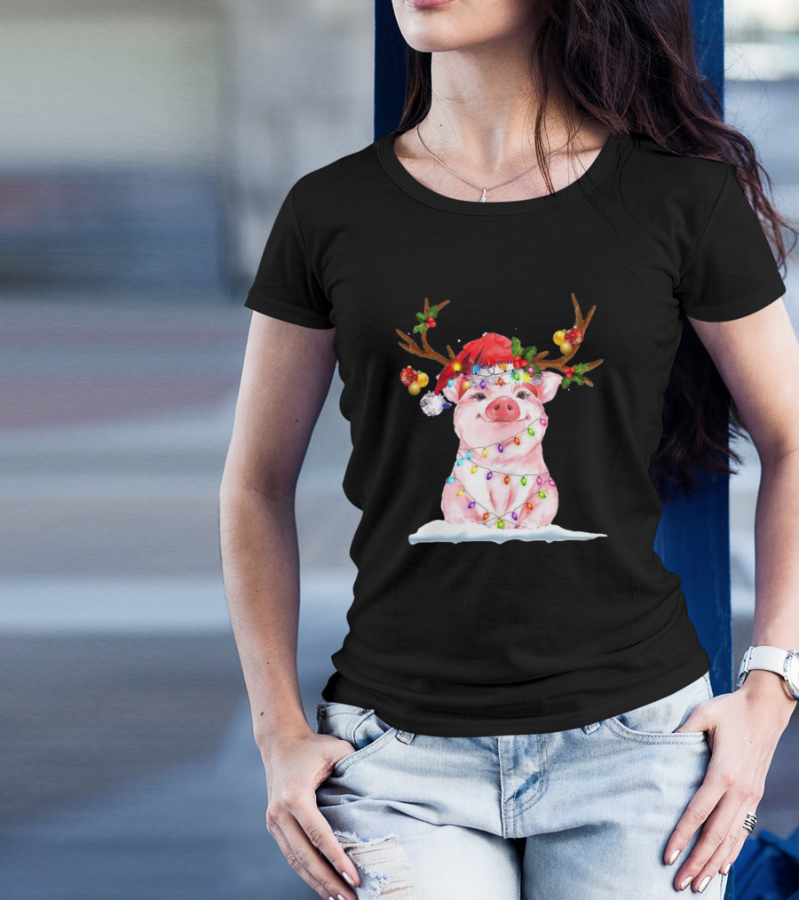 Pig Reindeer Antlers Santa Hat Christmas Lights T-Shirt