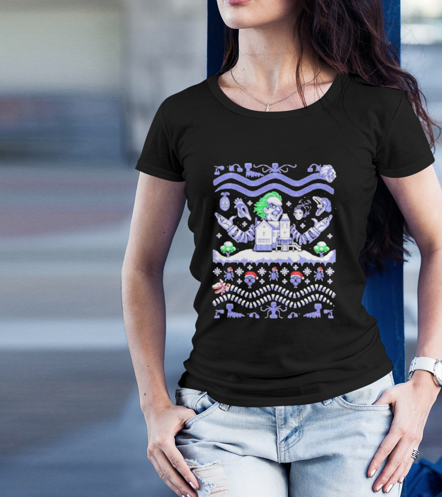 Christmas Beetlejuice Snowy House Scene And Ghostly Icons T-Shirt
