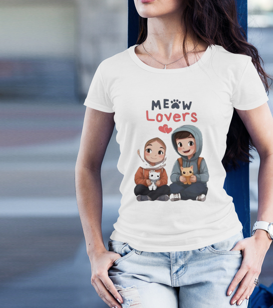 Meow Lovers Cute Boy And Girl With Kittens T-Shirt