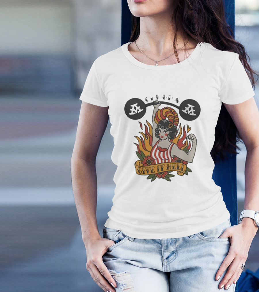 Get Up Give It Hell Retro Strongwoman Flames Barber Pole Haircurl Stripes Roses Boxing Gym Vintage T-Shirt