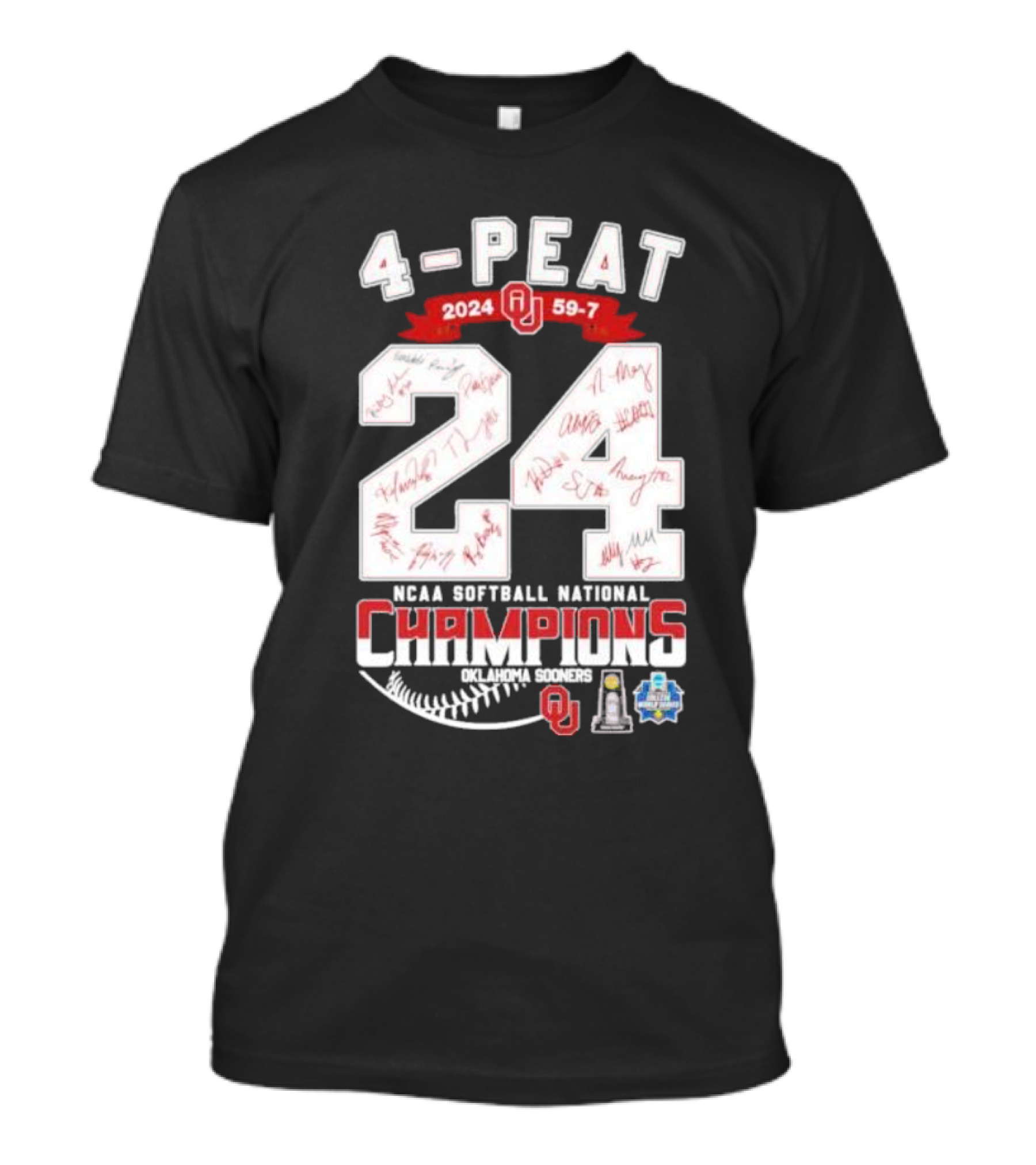 4-Peat 2024 Oklahoma Sooners 59-7 NCAA Softball National Champions Signatures T-Shirt