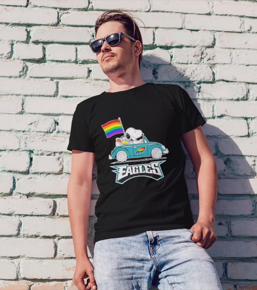 Philadelphia Eagles Pride Month Snoopy And Woodstock Rainbow Flag Parade T-Shirt