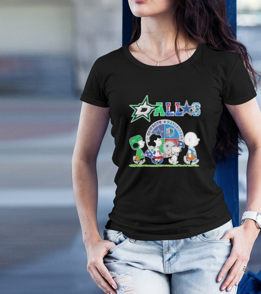 Peanuts Characters Walking With Dallas Cowboys Mavericks Stars T-Shirt