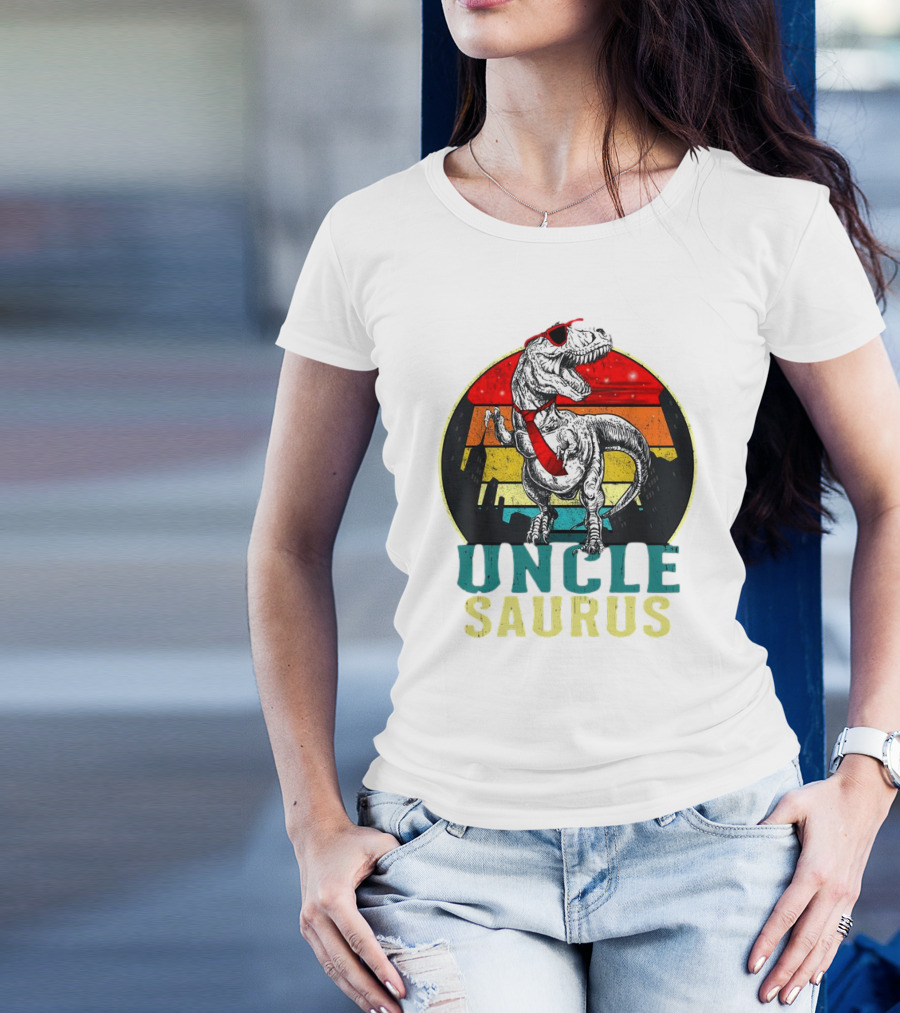 Uncle Saurus Rex Dinosaur With Sunglasses And Red Tie Fathers Day T-Shirt