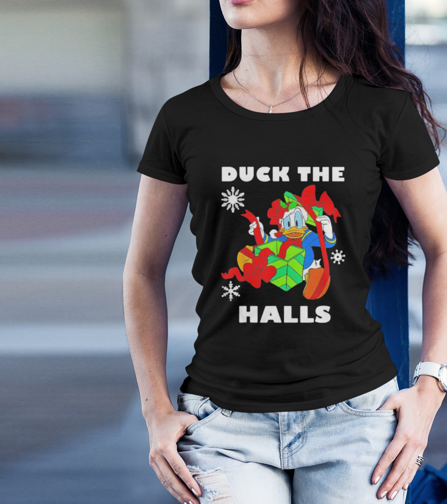Duck The Halls Christmas With Present And Snowflakes T-Shirt