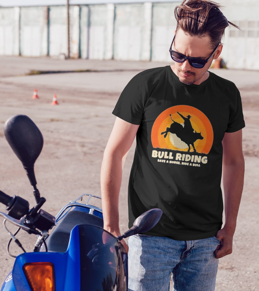 Bull Riding Save A Horse Ride A Bull Sunset Silhouette Cowboy Vintage T-Shirt