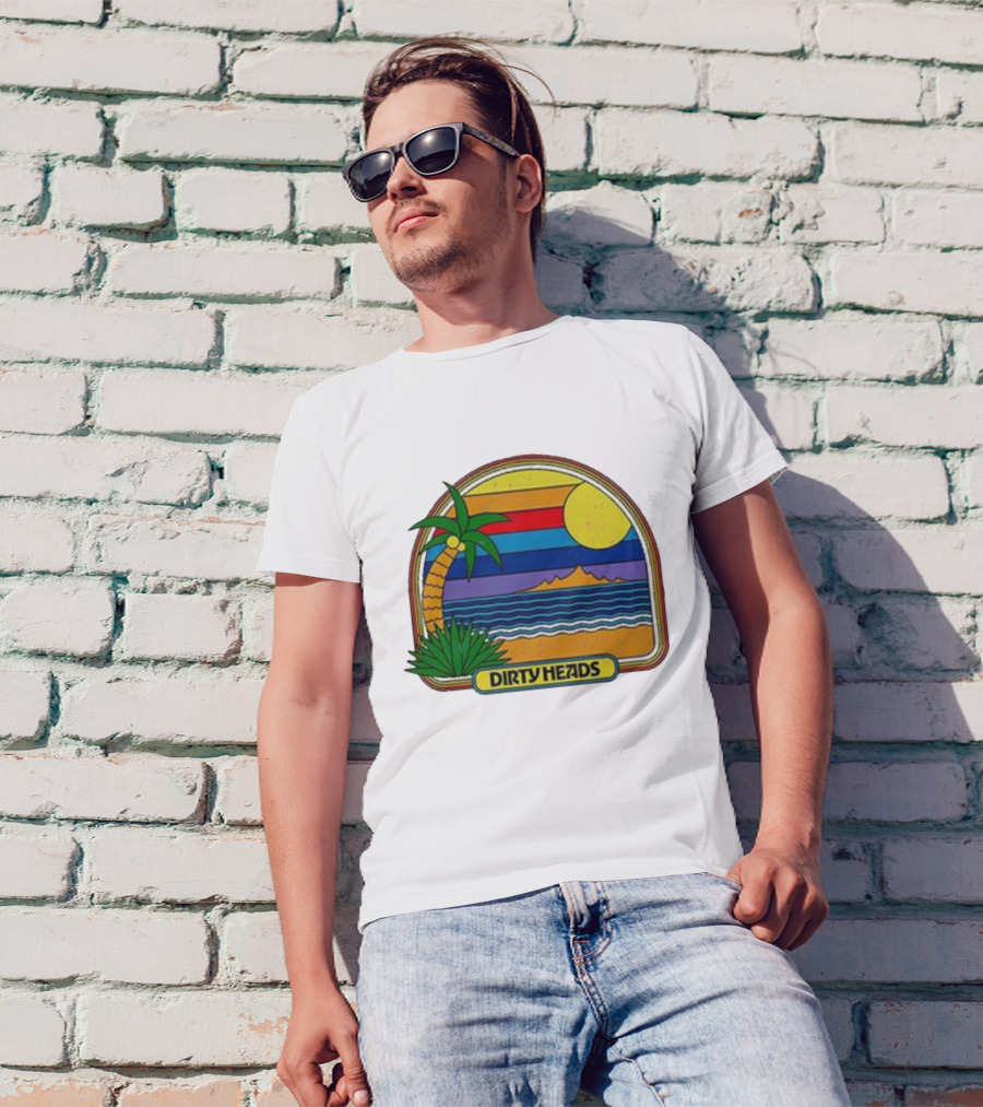 Dirty Heads Retro Beach Sunset Palms Ocean Scene T-Shirt