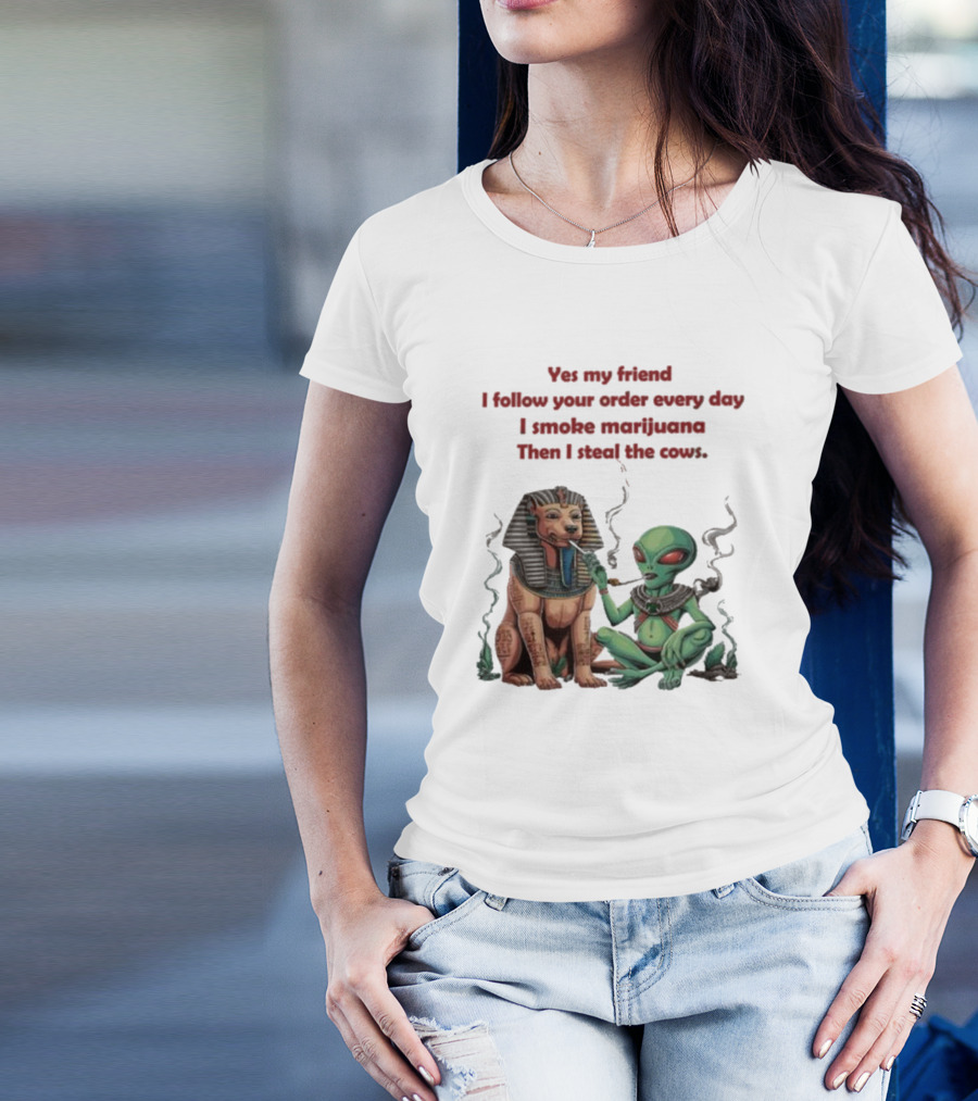 Yes My Friend I Follow Your Order Every Day I Smoke Marijuana Then I Steal The Cows Alien With Sphinx Smoking T-Shirt