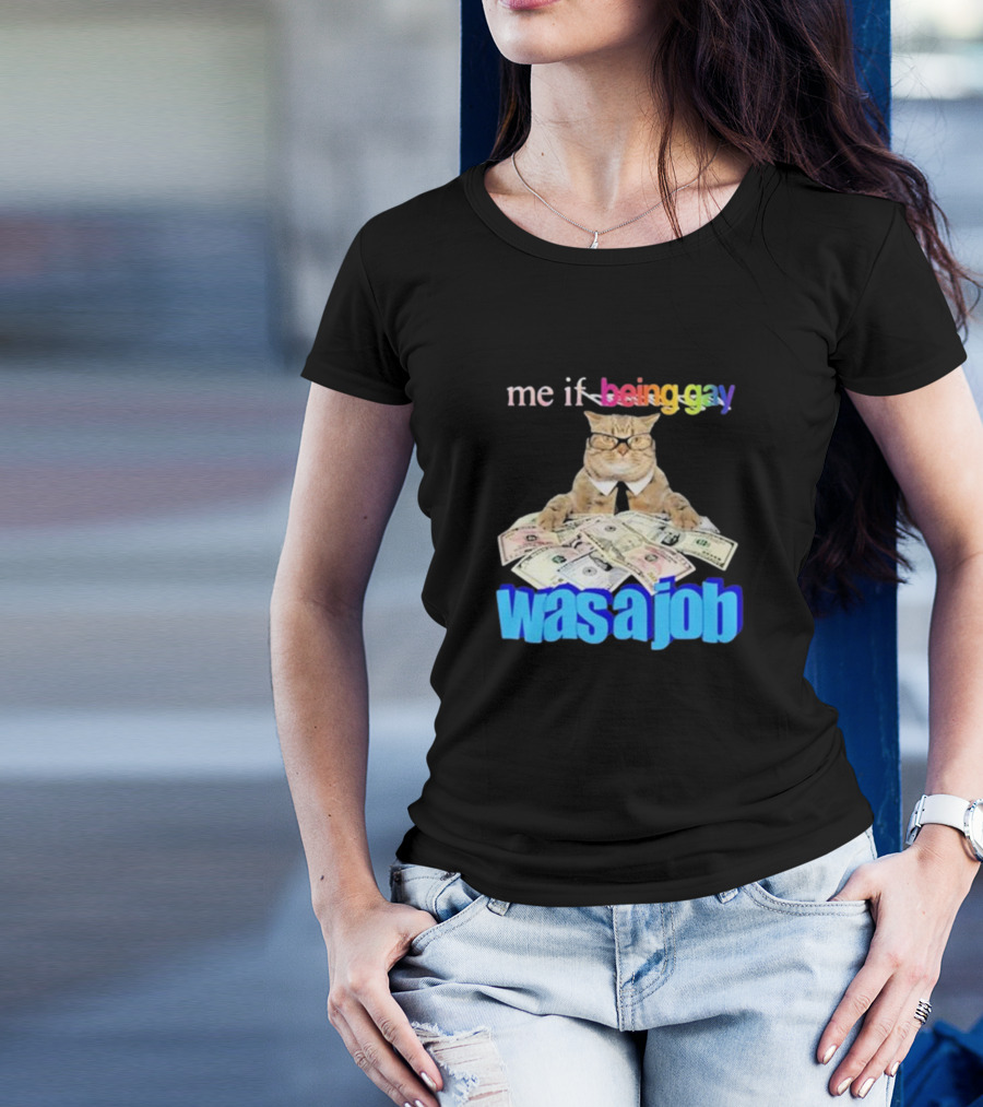 Cat With Money And Rainbow Text Me If Being Gay Was A Job T-Shirt
