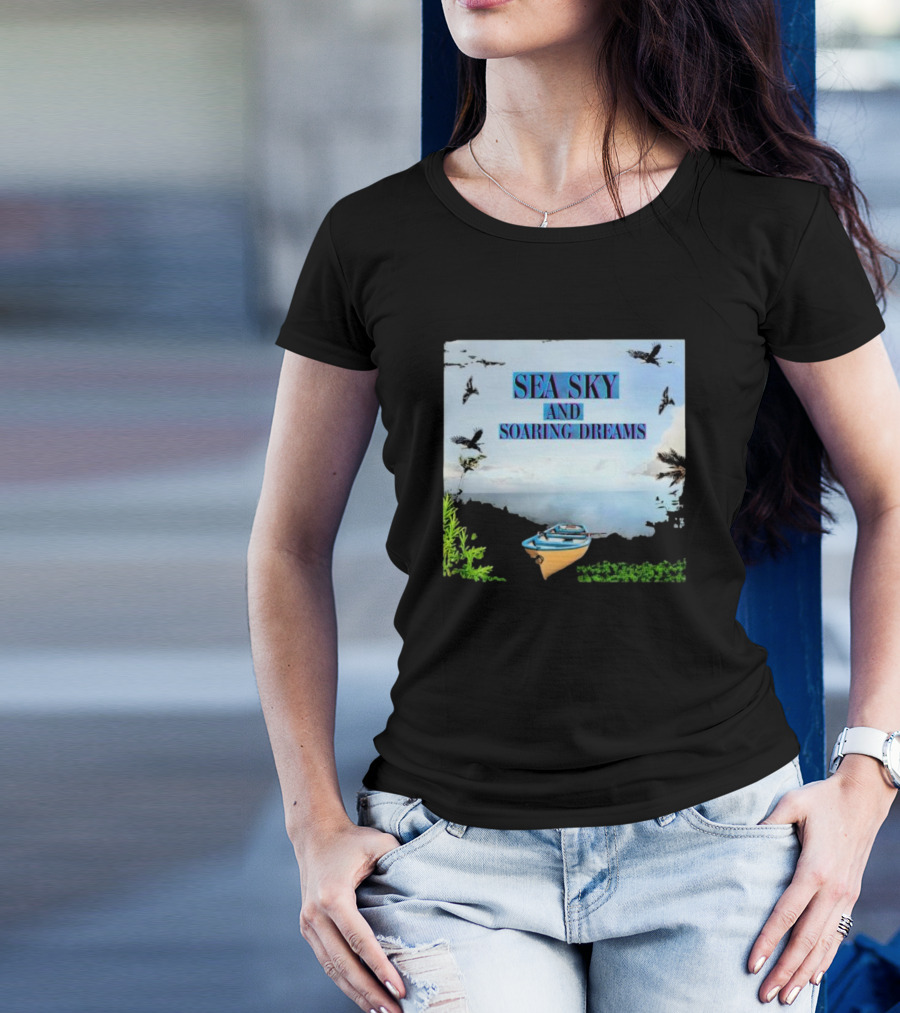 SEA SKY AND SOARING DREAMS WITH BIRDS AND BOAT IN NATURE SCENE T-Shirt