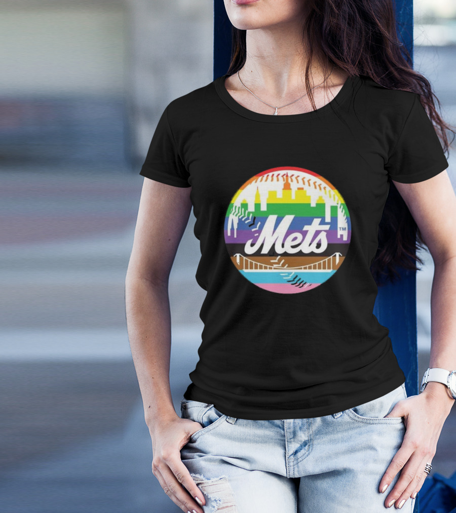 New York Mets Pride Month 2024 Rainbow Skyline Baseball T-Shirt