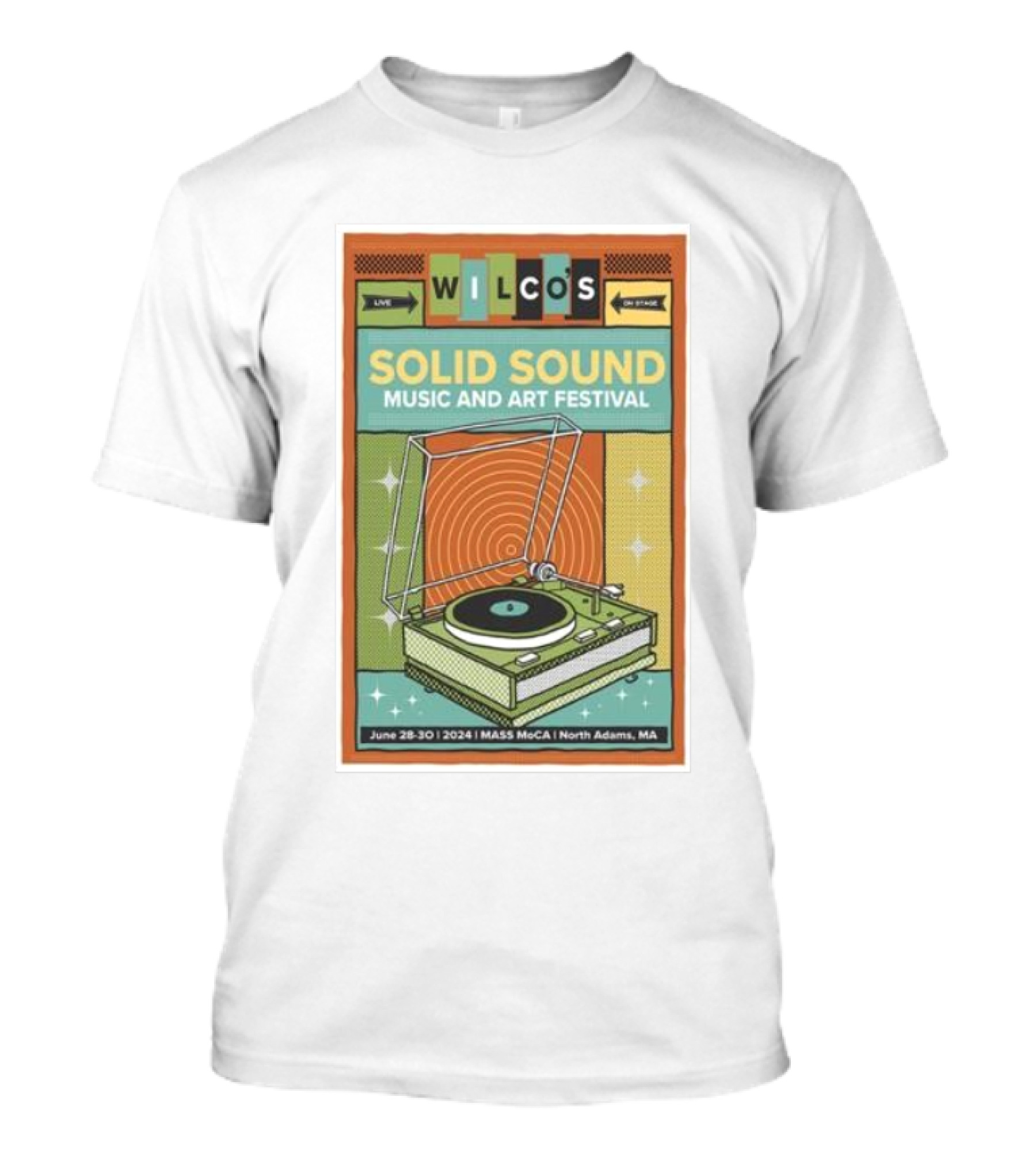 WILCO'S Solid Sound Music And Art Festival June 28-30 2024 Mass MoCA North Adams MA Retro Vinyl Turntable T-Shirt