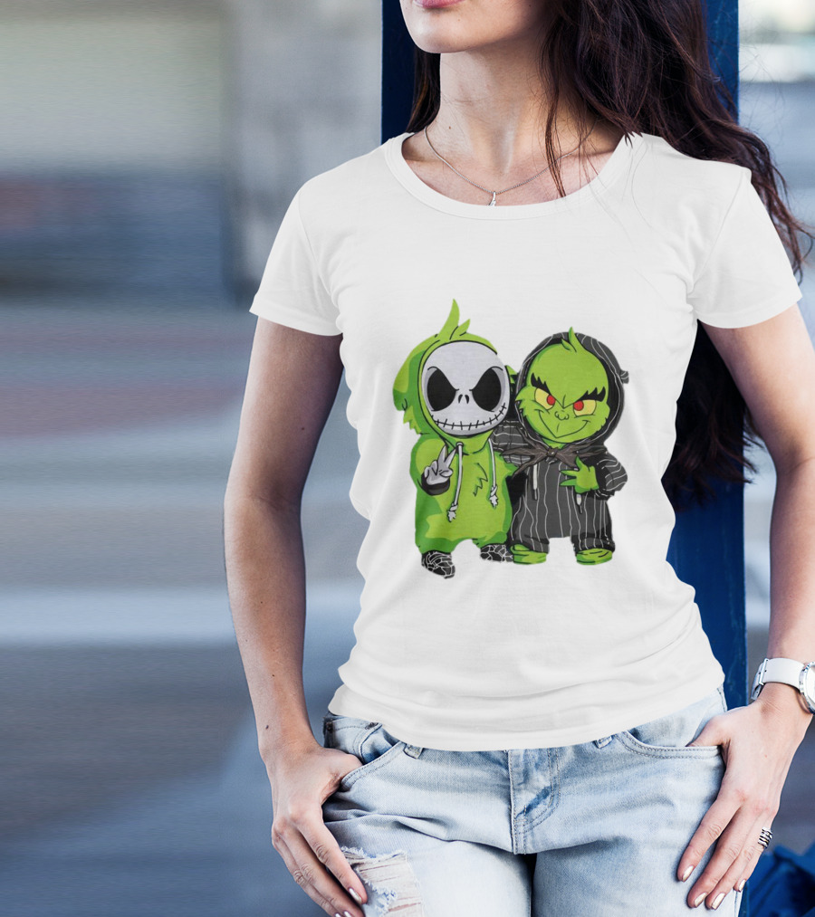 Baby Jack Skellington And Grinch In Green Hoodies T-Shirt